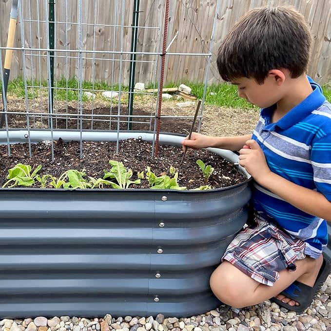 17" Tall Kids First Garden Bed 24" x 42" Raised Planter Box Outdoor Metal Galvanized Gardening Bed for Vegetables Herb & Flower, Modern Gray