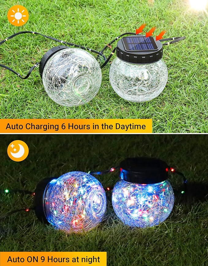 PARTPHONER Solar Lights Outdoor Waterproof 12-Pack, Solar Powered Hanging Lantern Cracked Glass Hanging Globes for Yard Decor Christmas Decoration, Shepherd Hook, Garden Tree Ornaments, RGB