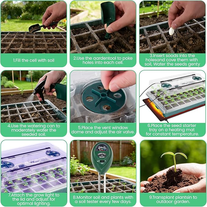 2 Pack 80 Cells Seed Starter Tray with Grow Light & Heat Mat, Plant Seed Starter Kit with Humidity Domes, Automatic Timer, and Adjustable Brightness for Indoor Greenhouse Gardening