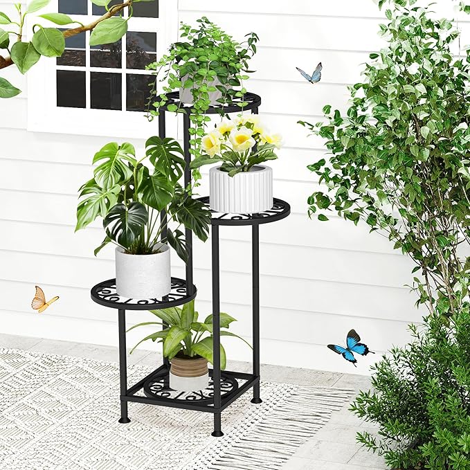 YOCOMEY 4 Tier Plant Stand Outdoor Indoor, Metal Flower Shelf Display Holder, Multiple Plants Corner Tall Flower Holders for Patio Balcony Porch Garden Living Room (Black)