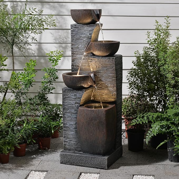 38.2" Tall Outdoor Water Fountain,Stone Texture Modern 4 Tiers Cascading Bowls Garden Fountains Outdoor,Suit for Patio, Deck, Porch, Lawns, Backyard and Home Art Decor