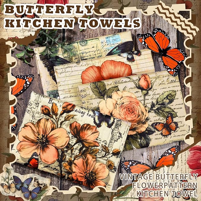 Bencailor 16 Pcs Spring Kitchen Towels Floral Butterfly Hand Dish Towels Vintage Flower Tea Dishcloths for Spring Holiday Kitchen Bathroom Home Decor Gifts, 16 x 24 Inch
