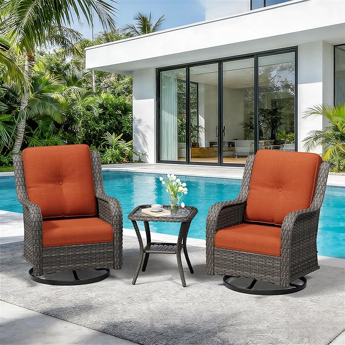 3 Piece Outdoor Wicker Patio Furniture Set, Swivel Rocker Patio Chairs Set with Thickened Olefin Cushions, High Back and Deep Seating, Hand-Woven PE Rattan for Porch, Deck