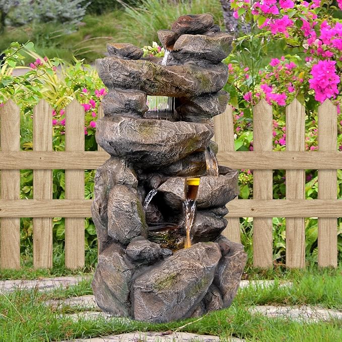 Ferrisland 31.5” Outdoor Rock Waterfall Fountain – 5-Tier Rustic Cascading Water Feature with LED Lights | Relaxing Flow & Ambient Glow for Garden, Patio, Yard | Stylish Home Decor Idea