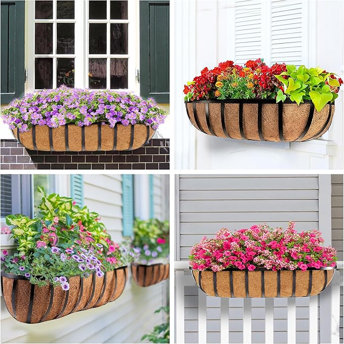 Y&M 4pcs 24 Inch Window Deck with Coco Liner, 24" Window Boxes Horse Trough with Coconut Coir Liner, Black Metal Hanging Flower Planter Window Basket Deck Railing Planter Boxes for Outdoor Indoor