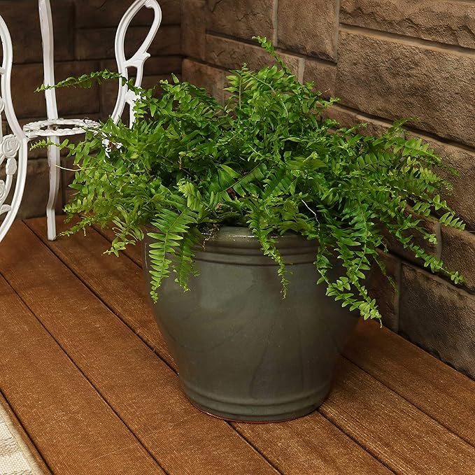 Sunnydaze Large Ceramic Plant Pot - Round Outdoor Glazed Ceramic Planter Pot with Drainage - Gray - Studio - 15"
