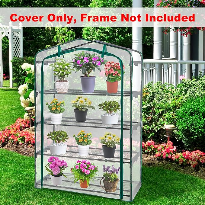 DECOHS Extra Wide 4 Tier Greenhouse Replacement Cover- 63 x 40 x 19 Inch Clear PVC Plant Gardening Greenhouse Cover with Roll-Up Zipper Door for Gardening Plants Flowers (Frame Not Include)