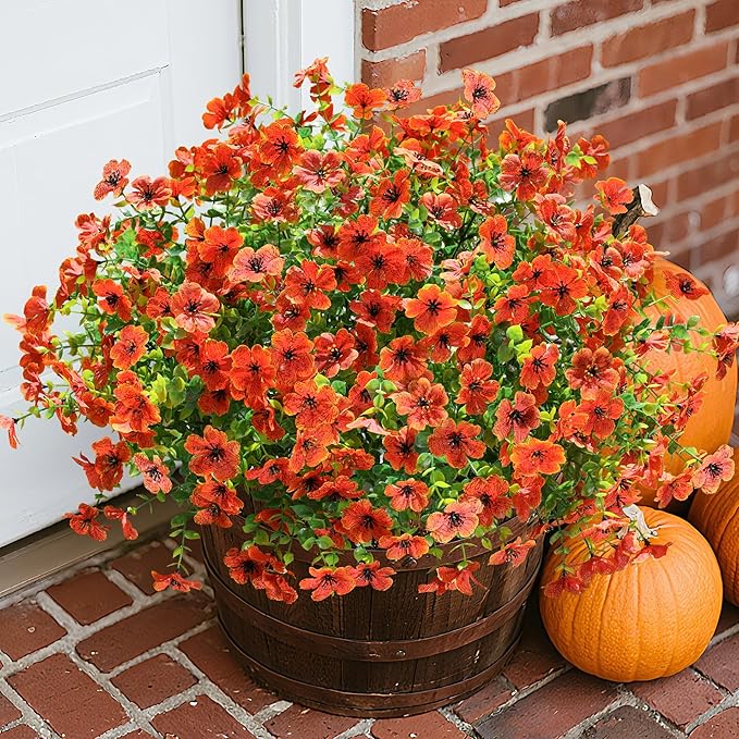 florisso Artificial Fake Fall Mums Flowers Plants for Outdoor Outside Decoration, 12 Bundles Faux Silk Orange Daisy UV Resistant Look Real for Autumn Front Door Porch Planter Patio Garden Home