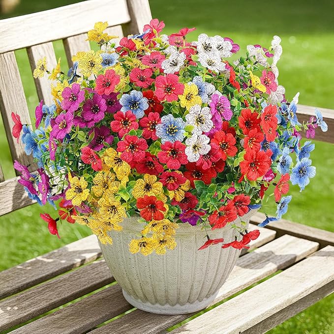 ATTGREAT Artificial Spring Flowers Outdoor Faux Plants UV Resistant Fake Patio Flowers Plastic Greenery Plnats Outside Bulk for Spring Garden Hanging Planter Home Vase Decor, 12 Bundles (Multicolor)