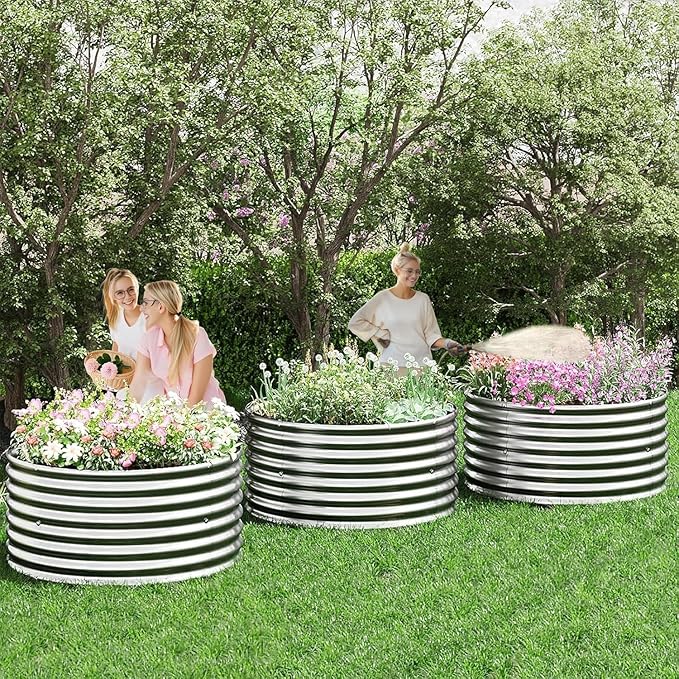 5 Pack 3x3FT Round Corrugated Galvanized Steel Raised Garden Bed Outdoor, Metal Above Ground Garden Bed for Vegetables and Flowers, Raised Beds for Gardening-3x3FTx10Inch