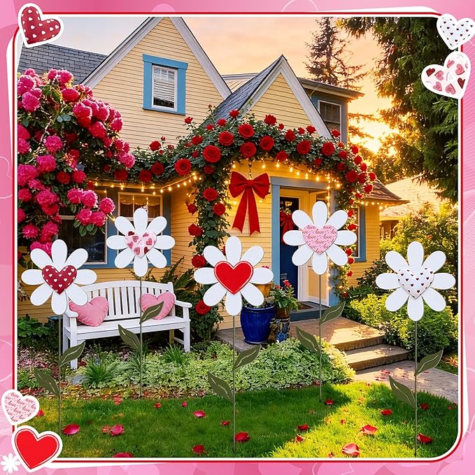 Nuanchu 5 Pcs 27.4" Metal Valentine's Day Yard Signs Valentine Yard Sign Stake Waterproof Love Heart Flower Lawn Signs Valentine Outdoor Decorations for Outside Garden Patio Pathway Home Decor