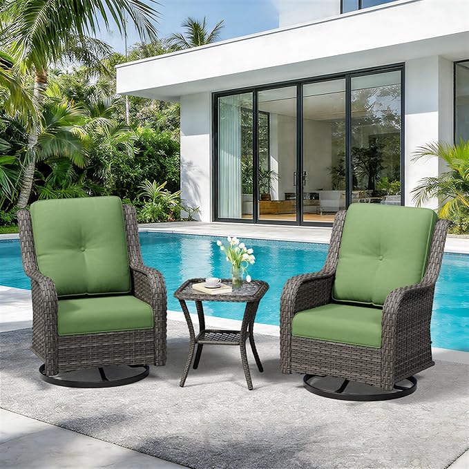 3 Piece Outdoor Wicker Patio Furniture Set, Swivel Rocker Patio Chairs Set with Thickened Olefin Cushions, High Back and Deep Seating, Hand-Woven PE Rattan for Porch, Deck