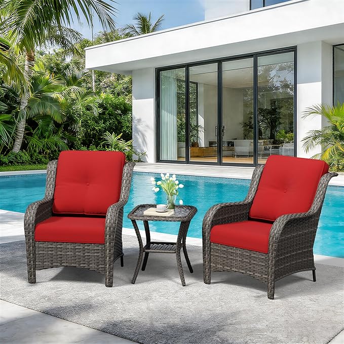 3 Pieces Outdoor Wicker Patio Furniture Set - Patio Chairs Set with Thickened Olefin Cushions, High Back and Deep Seating, Curved Armrest, PE Rattan for Porch, Deck, Balcony,Red