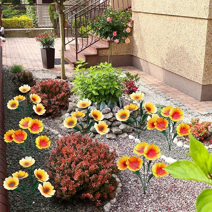 Yaocom 2 Pack Metal Flowers for Outdoor, Decorative Garden Stakes Yard Art, Outdoor Spring Garden Stake Summer Decor Bouquet of Poppy Flower Rustic Handcrafted Items for Lawn Porch Fence(Yellow)