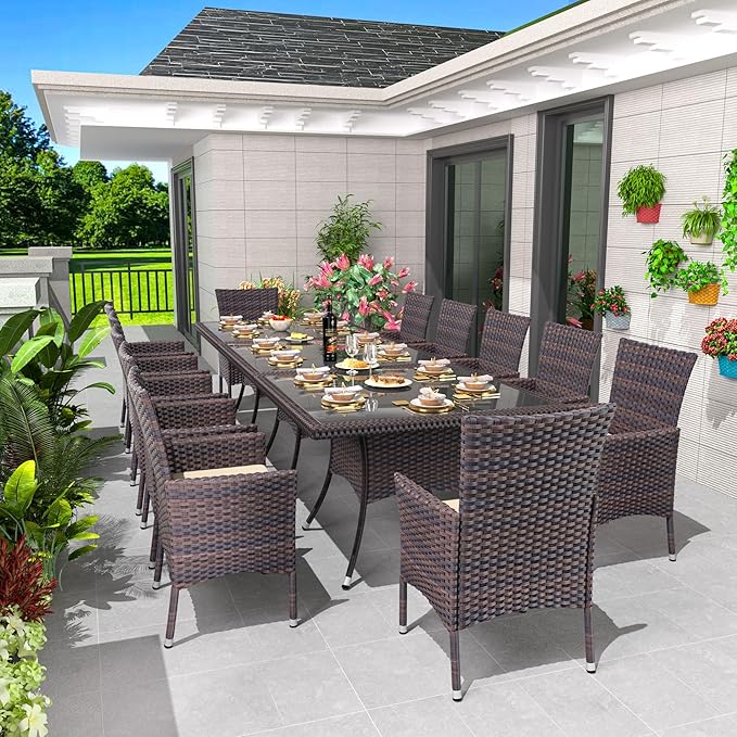 15 Piece Outdoor Dining Set,Rattan Patio Conversation Set of 12 Chairs,Patio Dining Table and Chairs w/Cushions,Square Glass Tabletop,Umbrella Cutout for Patio,Sand