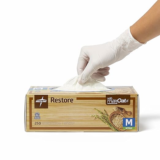 Medline Restore Nitrile Exam Gloves, 250 Count, Small, Powder Free, Disposable, Colloidal Oatmeal to Soothe Hands, Strong, Tear Resistant for Medical Tasks, Household Chores and More
