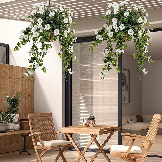 Ttranewsoo Artificial Flowers Faux Outdoor Plants Artificial Petunias for Outdoors Uv Resistant Fake Petunias Plants Hanging Flower Patio Decor Outside Basket Realistic Silk Plant No Pot(White 2pcs)