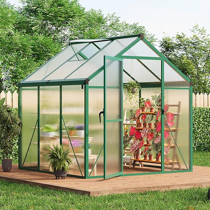 6 x 6 ft Greenhouse, Greenhouses for Outside, Polycarbonate Greenhouse with Aluminum Frame, Lockable Door and Ajustable Roof Vent for Backyard, Green Houses for Outside Garden Backyard, Patio
