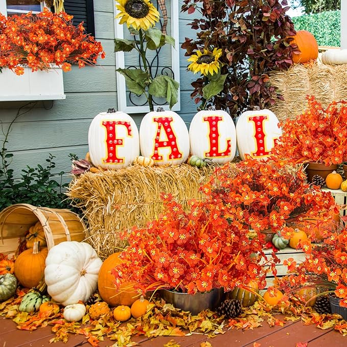 Grunyia 20 Bundles Artificial Fall Flowers Outdoor,No Fade Fake Plastic Flowers,Faux Autumn Plants for Indoor Outside Garden Porch Window Box Home Wedding (Fall Orange)