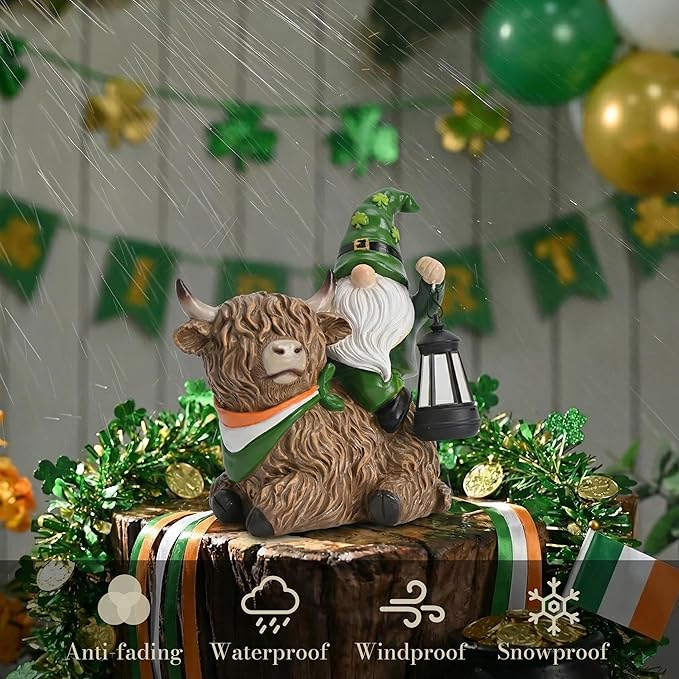 TERESA'S COLLECTIONS St Patricks Decorations for Outdoor Decor,Gnomes Resin Riding Highland Cow and Holding Lantern with Solar Lights for Outside,Shamrock Leprechaun Figurine, Irish Gifts,8.7"