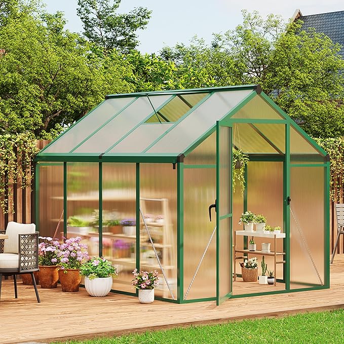 6X8FT Outdoor Greenhouse, Aluminum Polycarbonate House, Green Houses for Outside with Sliding Doors, Ajustable Roof Vent, Withstands Bad Weather for Garden, or Backyard, Green
