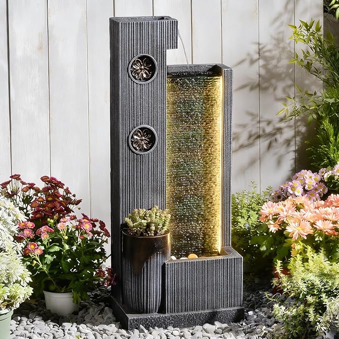 37’’ Tall Waterfall Fountain Indoor Modern Outdoor Water Fountains with LED Light,Vertical Striped Texture Floor Standing Water Feature for Patio, Yard, Garden or Home Decor
