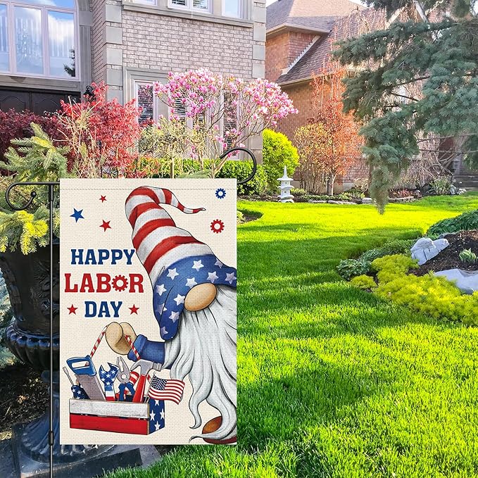 Heyfibro Happy Labor Day Gnome Garden Flag 12 x 18 Double Sided Burlap Working Tools Patriotic USA Flags for Outdoor Outside Farmhouse Decoration (ONLY FLAG)