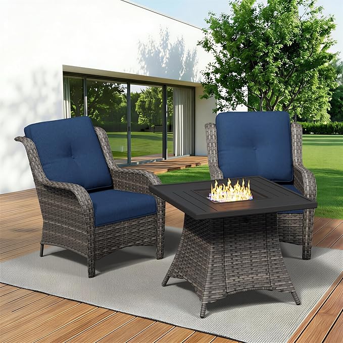 3 Pieces Outdoor Wicker Patio Furniture Set with Fire Pit Table, Patio Chair Set with Thickened Olefin Cushions, High Back and Deep Seating, Hand-Woven PE Rattan for Porch, Deck