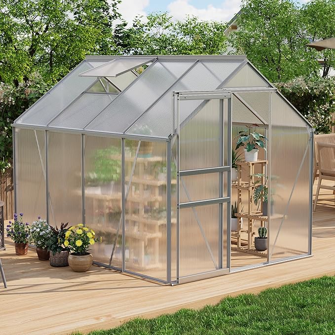 GAOMON 6 x 8 FT Polycarbonate Greenhouse - Winter Greenhouses for Outdoors, Aluminum Frame, Sliding Door, Adjustable Roof Vent, Backyard Green Houses, Silver