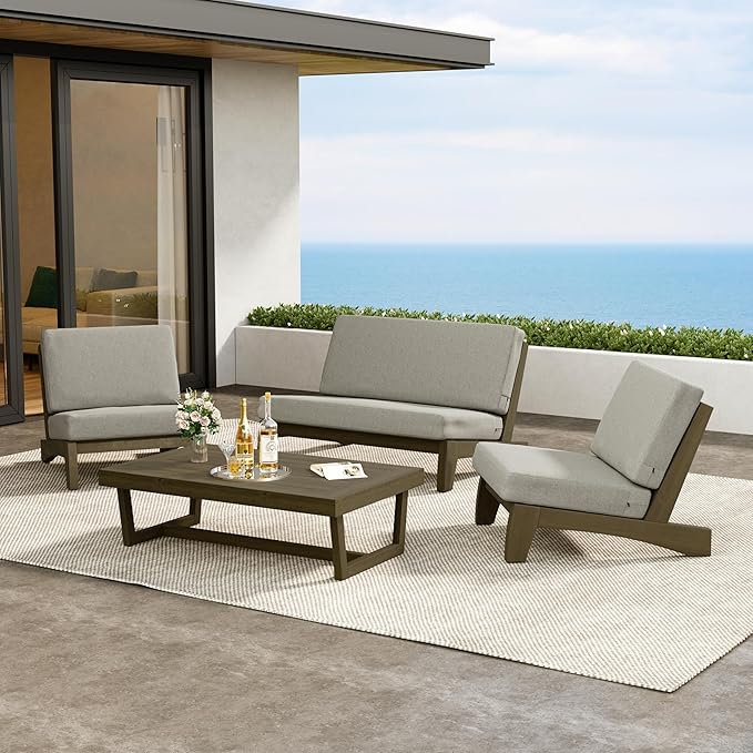4 Piece Outdoor Wood Bistro Set, Wooden Conversation Patio Coffee Table and Chairs Furniture Set with Patio Loveseat for Porch Balcony Deck Backyard