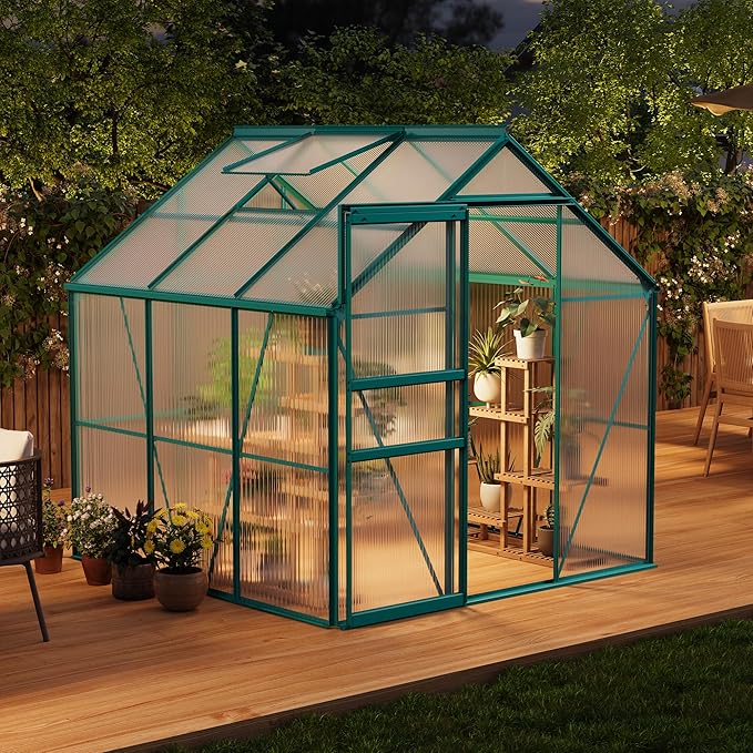CABIHOME 6 x 6 FT Greenhouses for Outside, Polycarbonate Greenhouse with Aluminum Frame, Sliding Door, Adjustable Roof Vent, Backyard Green Houses, Patio Garden, Green