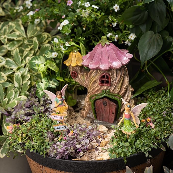 PRETMANNS Fairy House Kit - Fairy Garden Accessories for Outdoor Miniature Village Decor, with Fairies & Sign - Flower Stump House, 7" High & Door can Open Wide - 4 Piece Supplies