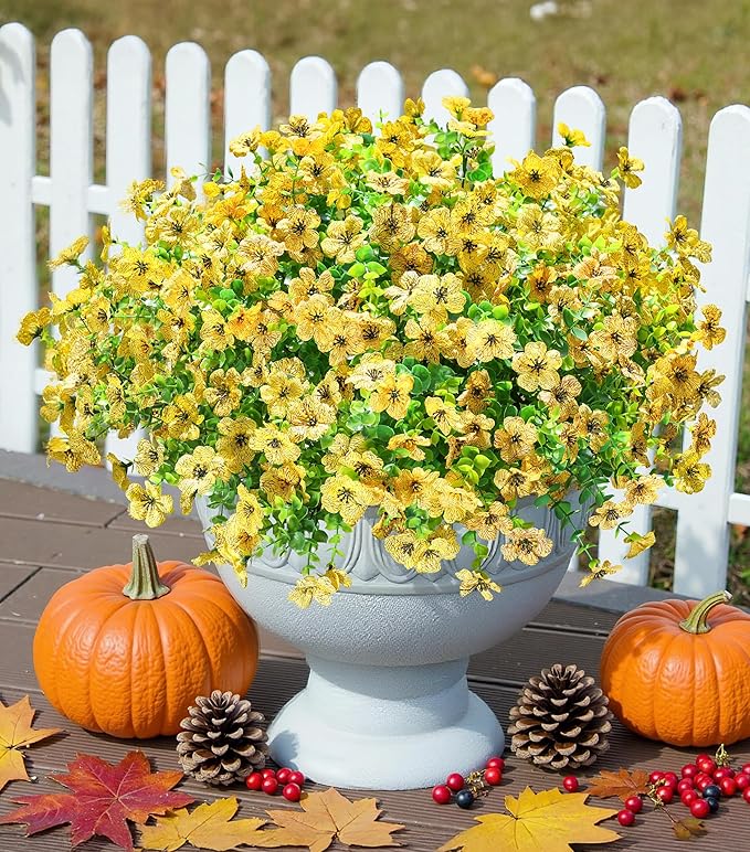 florisso Artificial Fake Fall Yellow Mums Flowers Plants for Outdoor Outside, 12 Bundles Autumn Faux Silk Daisy UV Resistant Realistic for Porch Patio Home Window Box Yard Garden Planter