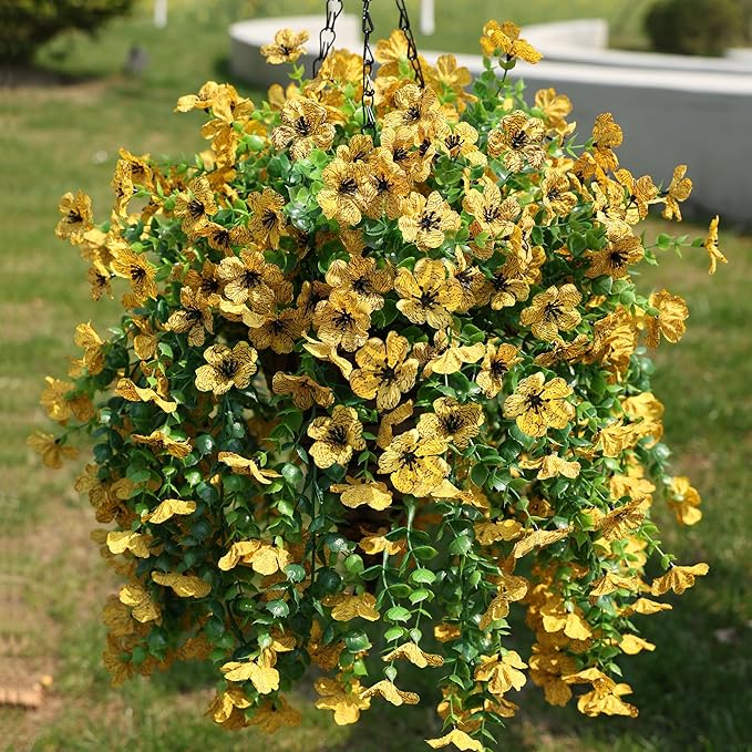 HyeFlora Artificial Hanging Flowers Basket for Outdoor, Fake Flowers Faux Plants Look Real for Yard Gardens Porch Patio Home (Yellow)