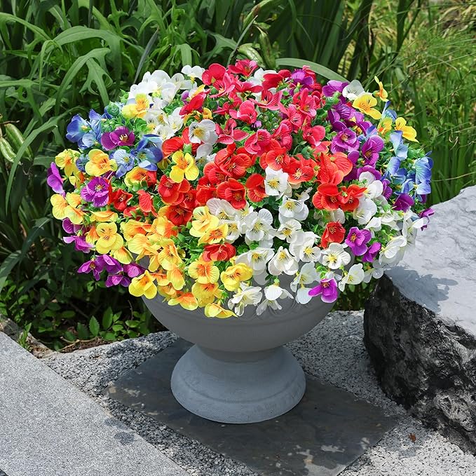 Ivydale Artificial Flowers for Outdoor Decorations, 12 Bundles Fake Pansies Flower, Silk Flora with Eucalyptus for Planter, UV Resistant Realistic Bouquets Front Door Garden Porch Patio Yard