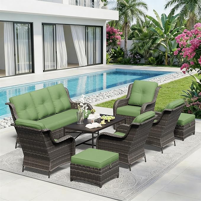 8 Piece Outdoor Wicker Patio Furniture Set, Patio Chairs Set with Thickened Olefin Cushions, High Back and Deep Seating, Hand-Woven PE Rattan, Ottoman for Porch, Deck