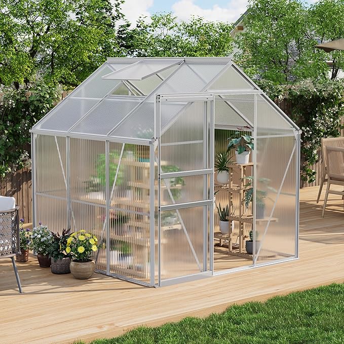 Garvee 6 x 6 FT Outdoor Greenhouse, Polycarbonate Greenhouses with Aluminum Frame, Sliding Door, Adjustable Roof Vent for Backyard, Green Houses for Outside Garden Backyard, Patio, Silver