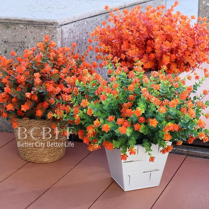 BCBLF Artificial Flowers for Outdoors, 12 Bundles UV Resistant Realistic Faux Plants for Outside Porch Planter, Spring Summer Home Garden Decoration, Green Orange