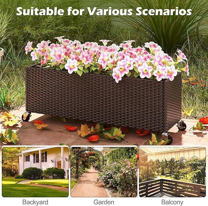 Giantex Set of 2 Wicker Raised Garden Bed with Wheels, 38”x12”x14”, Rectangular Garden Planter Box w/PE Rattan, Liner Fabric, Wicker Patio Elevated Raised Bed for Vegetable Flower Herb Porch Balcony
