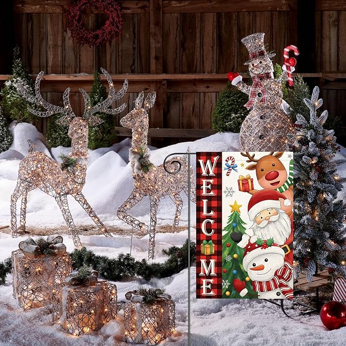 Welcome Christmas Garden Flag Santa Claus, snowman, reindeer12x18 Double Sided Vertical Outdoor Flag for Outside Xmas Farmhouse Flag Winter Holiday Yard Lawn Garden Banner (Welcome Christmas)