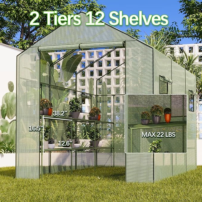 9.75 ft Big Walk in Greenhouse with Screen Windows & Roll-Up Zipper Door, 67 x 117 x 83'' Plant Green Houses for Outdoors, 3 Tiers 18 Shelves Stands Plastic Portable Heavy Duty Indoors Warm (Green)