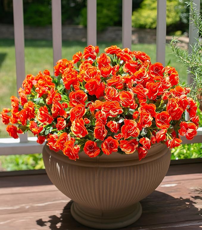 Artificial Faux Flowers Plants for Spring Outdoor Outside Decor, Fake Silk Orange Camellia UV Resistant Look Real for Autumn Planter Porch Patio Balcony Garden Yard Decoration, 3 Large Bundles