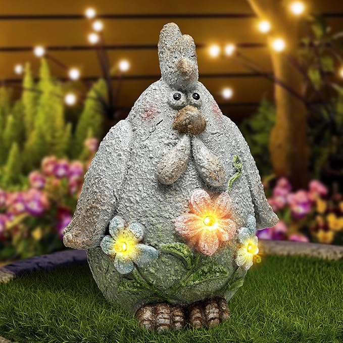 Leekung Solar Chicken Garden Statue with LED Lights for Outdoor Decoration,Chicken Statue Sculpture Yard Decorations, Outdoor Animal Figurine Gifts for Garden Patio Lawn Backyard Farmhouse