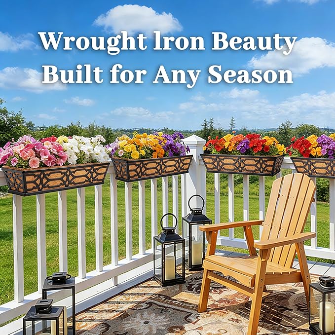 Railing Planter Box, Window Planter Boxes Outdoor 2 Pack 30 Inch Hanging Planter with Adjustable Bracket for Porch, Fence Flower Baskets with Coco Liners