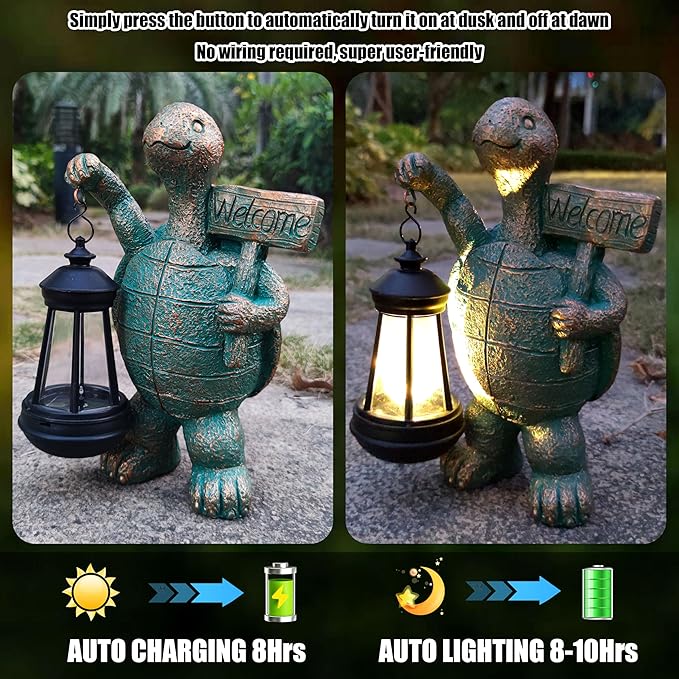 Turtle Garden Statue Outdoor Décor with Solar Lights Lantern,Turtle Solar Light Figurines Outside Decorations for Yard,Lawn ,Patio, Balcony, Unique Housewarming Gifts