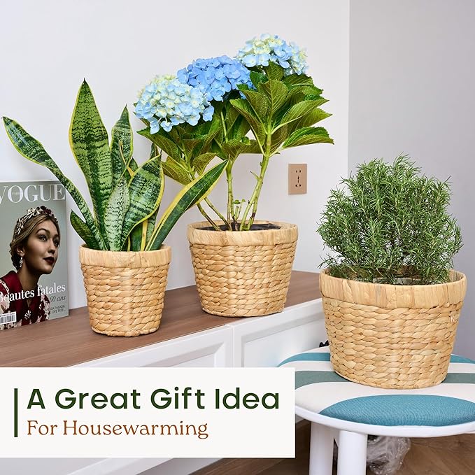 Indoor Water Hyacinth Plant Basket Set of 3, Woven Planter Baskets with Plastic Liner for Plants, Handwoven Plant Pots Decorative Wicker Planters for Home DΓ©cor (Saucer NOT Included)