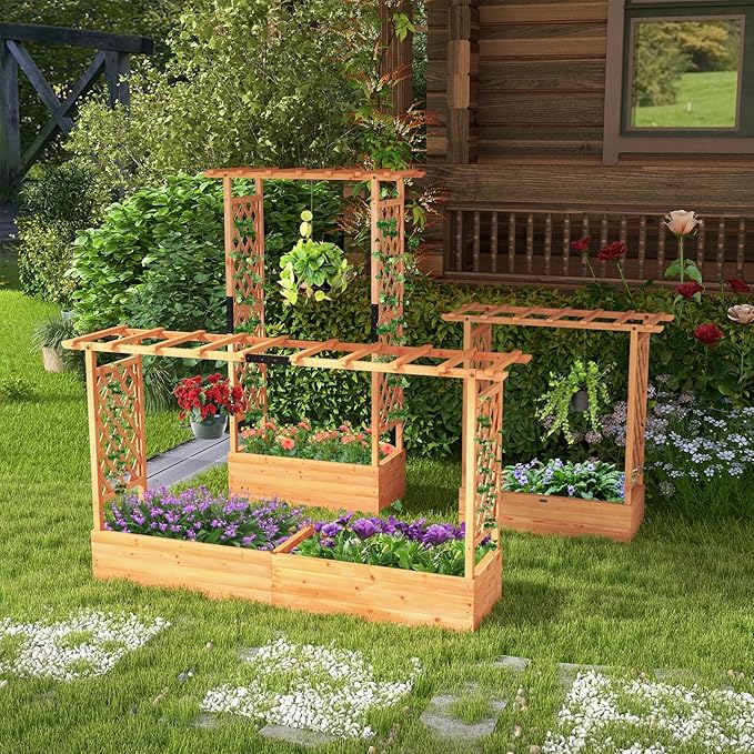 HAPPYGRILL 72" Raised Garden Bed with Trellis, Freestanding Wood Planter Box w/Hanging Roof & 2 Drainage Holes for Vine, Climbing Plants, Flowers, Outdoor Planter w/Trellis for Garden, Patio, Yard