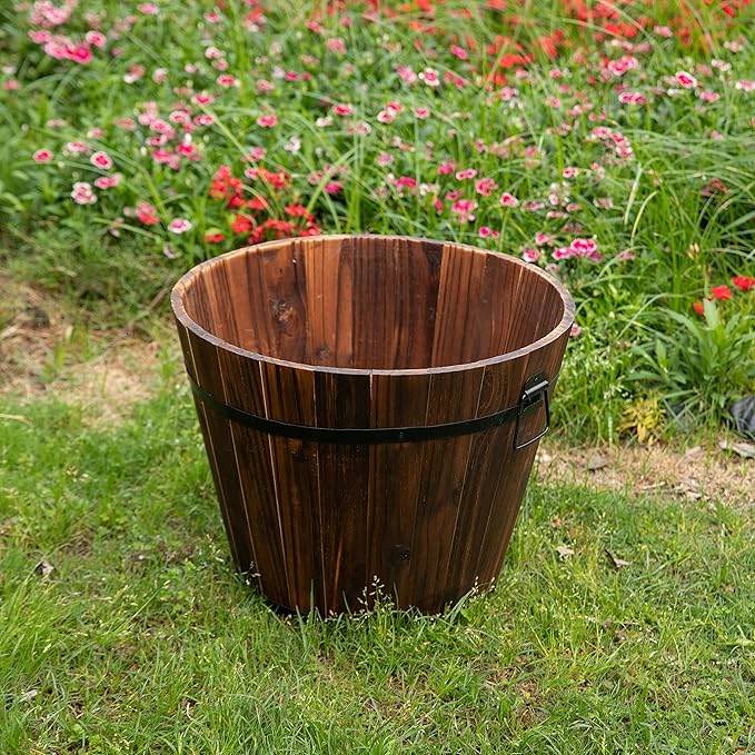 Rustic Wooden Whiskey Barrel Planter with Durable Medal Handles and Drainage Hole - Perfect for Indoor and Outdoor Plants, Herbs, and Vegetables - Large