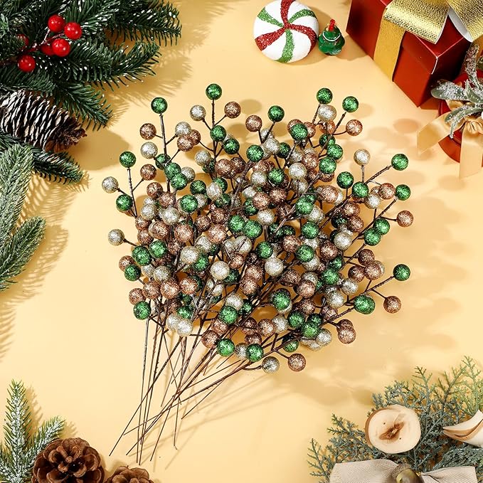 24 Pcs Christmas Glitter Berries Stems, 8.8" H Artificial Christmas Picks for Xmas Tree Ornaments, Holiday Wreath DIY Crafts, Xmas and Home Decor(Green, Brown, Beige)