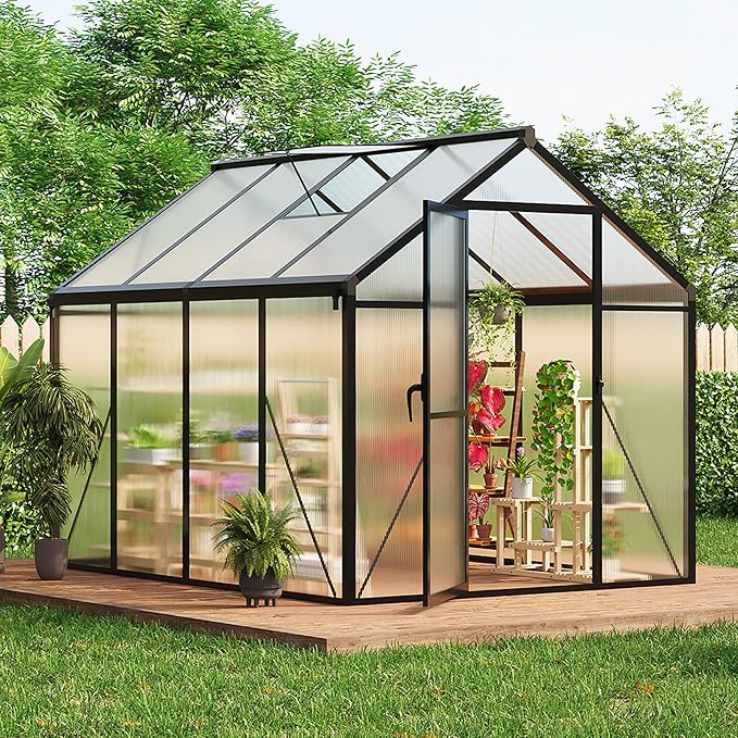 6x8ft Greenhouse Aluminum Greenhouse for Outdoors with Roof Vent, Lockable Outward-Opening Swing Door, Heavy-Duty Polycarbonate Walk-in Green House for Garden, Backyard, Patio, Lawn, Dark Grey